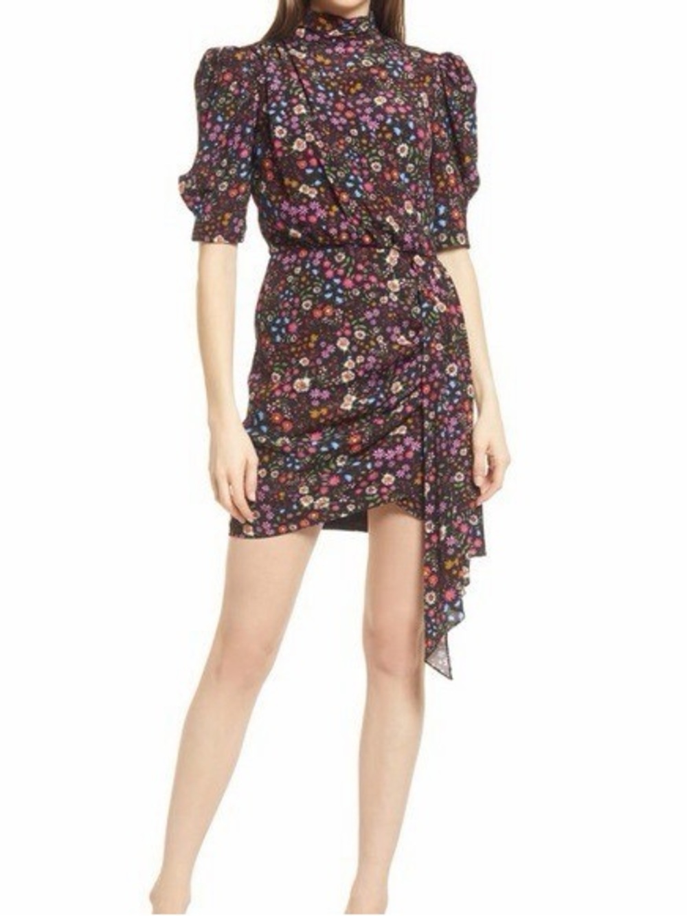 Saylor Vivienne Black Floral Puff Sleeve Mini Dress - Medium